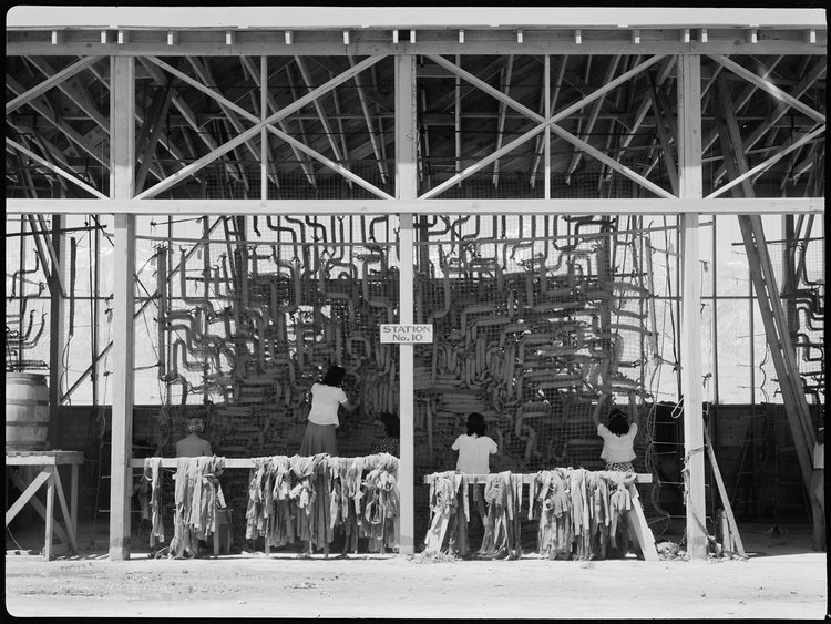 Manzanar Relocation Center, Manzanar, California. Making camouflage nets for the War Department. This is one of several War and Navy Department projects carried on by persons of Japanese ancestry in relocation centers.