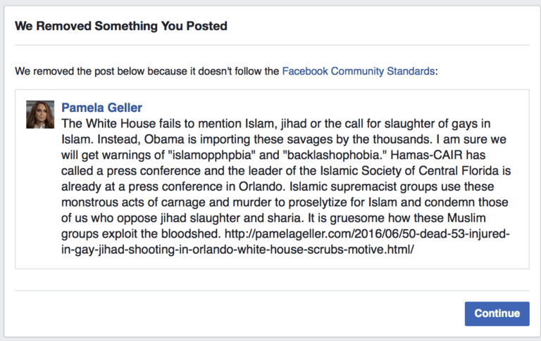 Facebook quickly censors social critic Pamela Geller from commenting on Islam following Florida massacre
